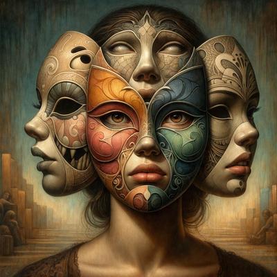 The image features a woman with three faces, each wearing a different colored mask. The masks are positioned in a way that they appear to be overlapping each other. The woman's faces are visible through the masks, creating a unique and intriguing visual effect. The overall atmosphere of the image is artistic and captivating.